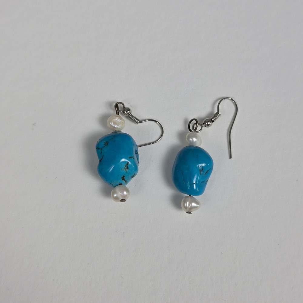 Handmade Women OS Earrings Turquoise Pearl Dangle Boho Western Southwest Blue